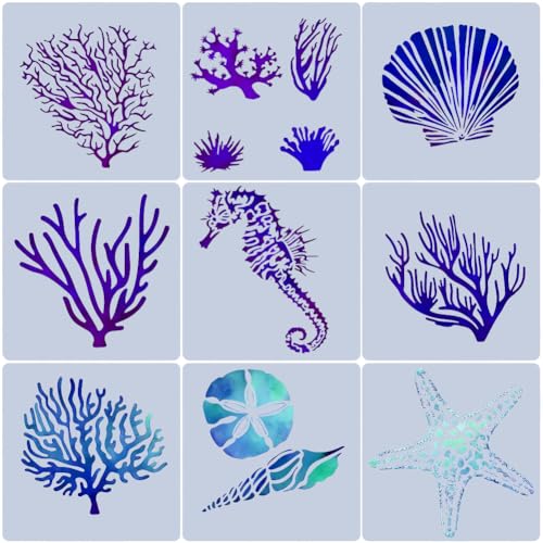 GORGECRAFT 9 Pochoir Animal Marin Hippocampes Étoiles de Mer Corail Coquillage Créatures de L'Océan Vie Marine Pochoirs pour Peinture sur Bois Mur Carte Sol...