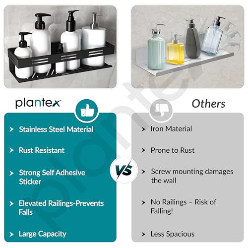 Image of Plantex Self Adhesive Bathroom Shelf /Bathroom Organizer Without Drill /Stainless Steel Kitchen Wall Rack Shelf-Pack of 1 (12 x 4 Inch - Black)