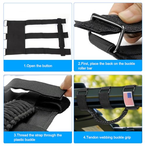 ANFTDCO 2PCS Car Roll Bar Grab Handles, Oxford Cloth & Metal Buckle American Flag Vehicle Paracord Handles Grab, Automotive Interior Grip Accessories, Compatible with JL JLU JKU (Black)