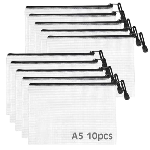 10er Pack Dokumententasche mit Reißverschluss, A5 Wasserdicht, durchsichtig, Reißverschlusstasche mit Mesh Beutel, Zipper für Dokumente & Schreibwaren