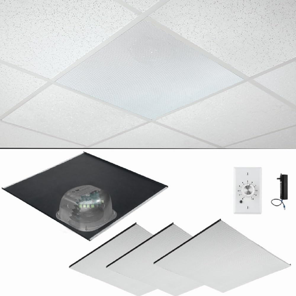 OWI Audio 2X2VG-HDTR64 Drop Ceiling Speakers on a 2X2 Tile and Backcan Assembly, 4 Speaker Package, Includes (4) 2x2 Vinyl Grill Ceiling Speaker with HD Amp and (1) 25/70/100V Transformer