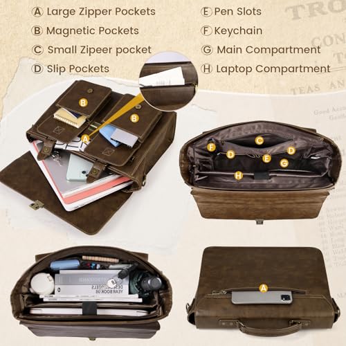 Image of RAINSMORE Mens Messenger Bag 15.6 Inch Leather Vintage Laptop Briefcase Waterproof Computer Laptop Bag Leather Satchel Bag Large Shoulder Bag for Office Work Travel College, DarkBrown
