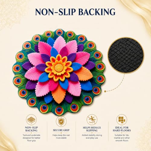 Image of JD FRESH 3D Rangoli Design Door Mat, Colorful Non-Slip 3D Bathroom Mats, Machine Washable, Water Absorbent Floor Carpet for Entryway, Bathroom, Living Room & Bedroom(80 x 80 Cm)