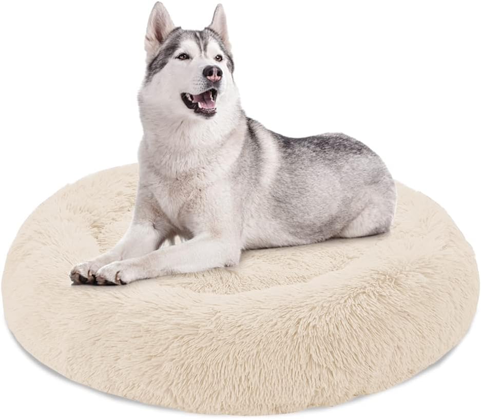 downluxe Large Dog Bed, Fuzzy and Soft Calming Dog Bed, Fuzzy Round Pet Bed with Non-Slip Bottom (36" Beige)