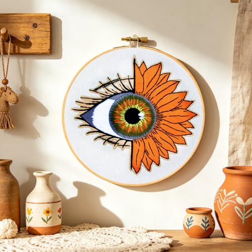Image of Crafmanoe Sunflower Eyes Embroidery Kits for Beginners Adults, Hand Embroidery Starters Kits, Stamped Cross Stitch Kits Needlepoint Kits for Beginners Adult, Embroidery Hoop, Thread and Video Tutorial