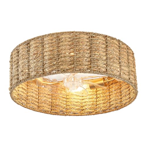 Opiniones de Sillas de mimbre techadas - los más vendidos. 45 Ventiladores de techo Boho con luces cerradas de ratán con luces y control remoto de perfil bajo, ventilador de techo enjaulado de mimbre para recámara, cocina, sala de estar