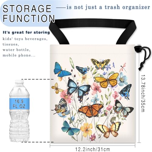 Image of Car Trash Bag Hanging Back of Seat Waterproof Small Cute Printed One-Handed Strap Drawstring Garbage Bags for Car-Butterfly Wildflower