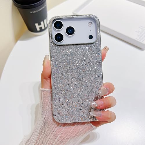 Coque iPhone 17 Pro Max argent rigide en silicone à paillettes pour protection élégante