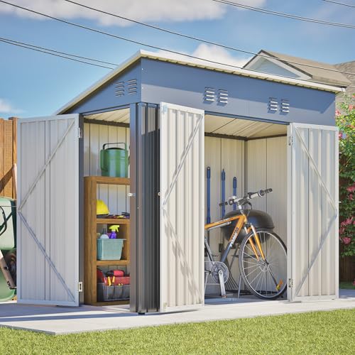 Image of YOPTO 4x8 FT Outdoor Storage Shed with Floor Frame,Metal Shed W /Left /Right Optional Lockable Door,Heavy-Duty Garden Tool Storage House W / 4 Air Vents & Sloping Roof,for Backyard,Patio,Lawn,Gray