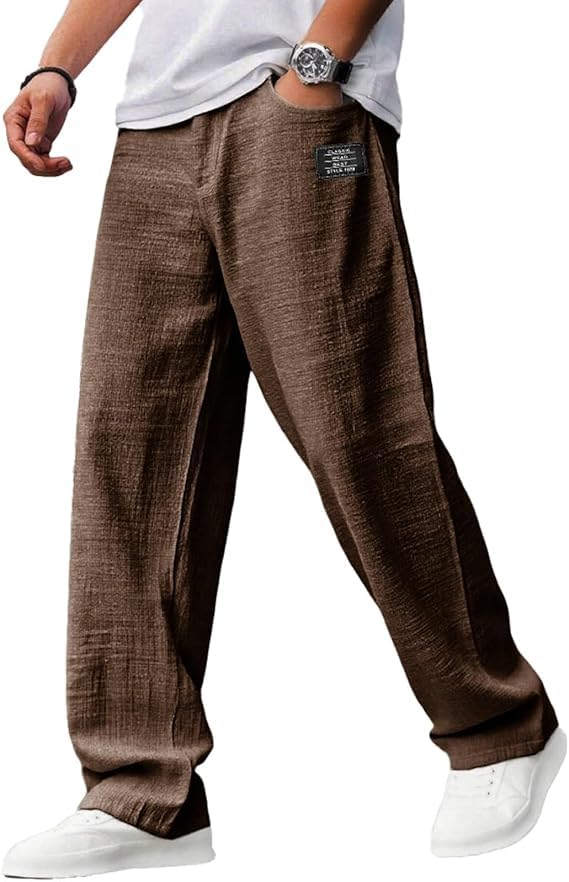 Pacificozy Men's Casual Hemp Embroidered Logo Drawstring Loose Elastic Waist Pocket Trousers2