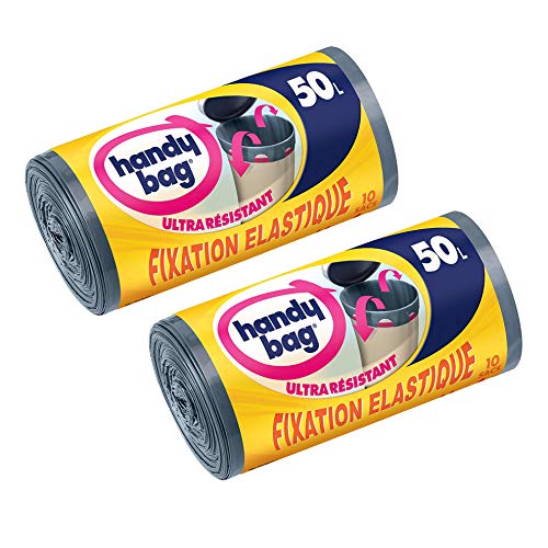 Handy Bag 2 Rouleaux de 10 Sacs Poubelle 50 L, Poignées Coulissantes, Fixation Élastique, Ultra Résistant, Anti-Fuites, 68 X 73 cm, Gris Foncé, Opaque