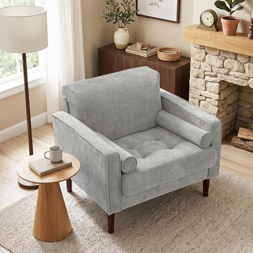 Image of Accent Chairs Stet of 2, Chenille Upholstered Armchairs for Living Room, Comfy Single Sofa Bedroom Reading Seat with 2 Bolster Pillows, Light Gray