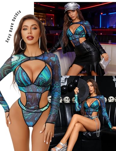 Image of Avidlove Rave Outfits for Women Festival Sexy Lingerie Bodysuit 2 Piece | Buckle shrug crop top halter bodysuit set, snap closure, breathable mesh, for concerts and club nights