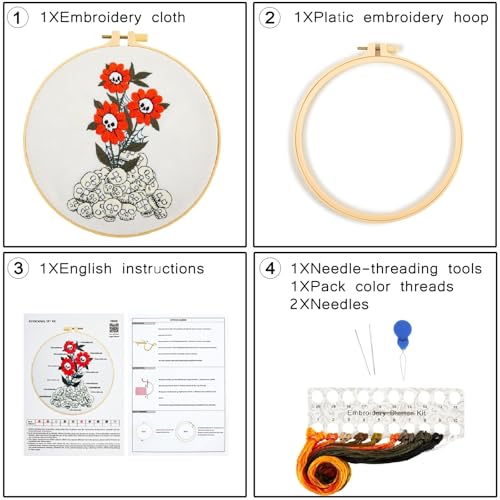 Image of Crafmanoe Halloween Embroidery Starter Kit for Beginners Adults, Skull Flowers Stamped Cross Stitch Kits for Beginners Adults, Gothic Hand Embroidery Needlepoint Kits, Hoops, Fabric and Video Tutorial
