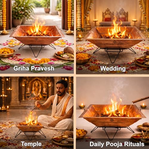 Image of Indian Art Villa Pure Copper Hawan Kund with Stand & Side Handles, Traditional Yagya, Hawan & Poojan Kund for Home Mandir, Festivals & Religious Ceremonies, 4.3 x 13.4 Inches