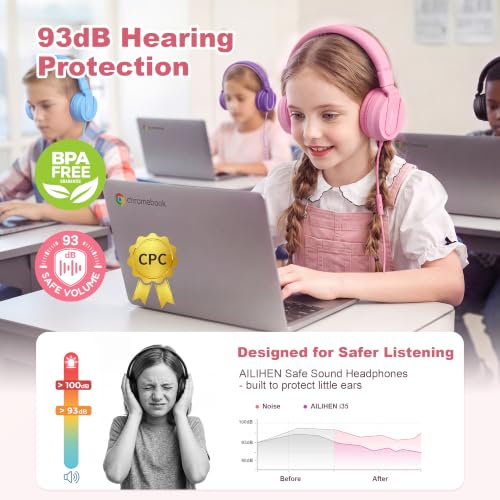 Image of AILIHEN I35 Kids Headphones for School with Mic, 93dB Volume, Rose Pink | Wired On Ear Headphones for Kids Girls, Foldable Lightweight Headphone for Classroom Learning & Entertainment Travel Computer