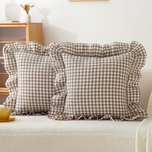 Image of Jilboo 2 Pack 18 x18 inches Warm Taupe/White Checkered Throw Pillow Covers 100% Washed Cotton Vintage Ruffle Trim Decorative Gingham Pillowcases with Zipper Closure for Bed/Living Room