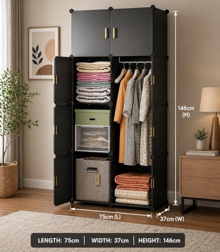 Image of 8 Door Kids Cartoon Wardrobe Storage Cabinet - DIY Modular Clothes Organizer with Hanging Cartoon Design Wardrobe with Multi for Bedroom, Living Room,Entryway (Grey, 8-Door)