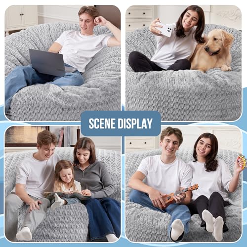 Image of 3FT Bean Bag Chair,Giant Bean Bag Chairs for Adults,Big Bean Bags with Memory Foam Filled, Large Beanbag Chairs with Chevron Plush Cover-Light Grey