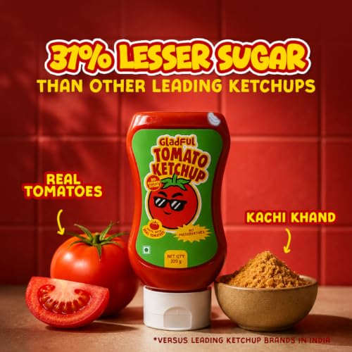 Image of Gladful Tomato Ketchup for kids | 33% Concentrated Tomato Paste | No Refined Sugar | No Preservatives | Sweetened with Kachi Khand | Kids Tomato Sauce | Sandwich, Fries & Snacks Dip | 320g