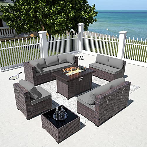 Image of 10 Pieces Outdoor Patio Furniture Set,Outdoor Sectional Furniture with 43 inch 55000 BTU Gas Propane Fire Pit Table,All Weather PE Rattan Wicker Patio Conversation Set,Grey