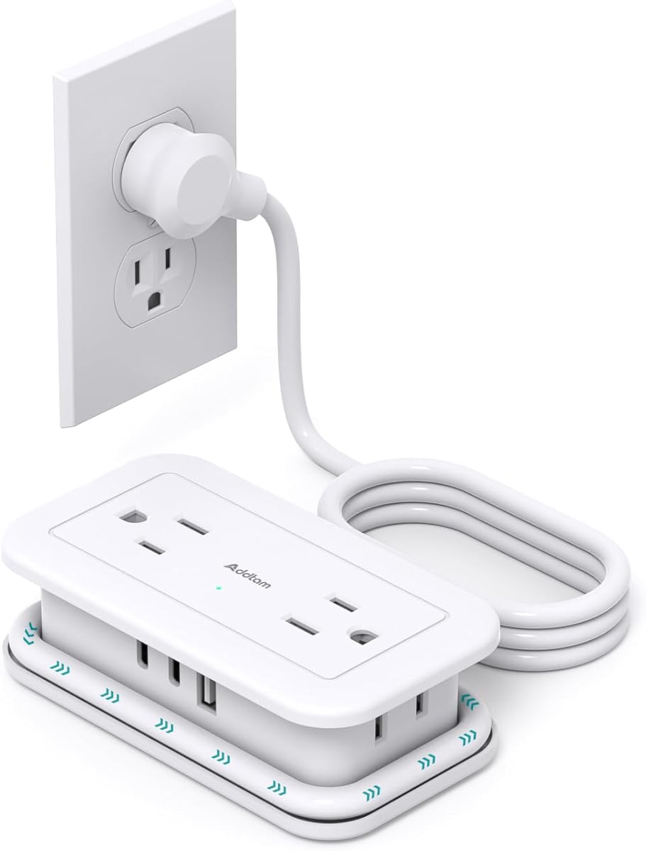 Travel Power Strip with USB Ports, Addtam 4 Outlets 3 USB(2 USB C) with 4FT Wrapped Flat Plug Power Strip, Short Small Extension Cord for Travel Cruise Ship Essentials, White