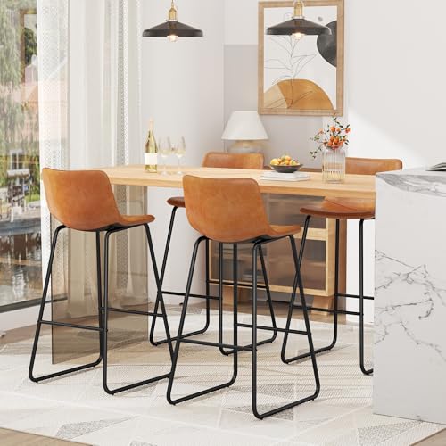 Image of REONEY Bar Stools Set of 2, 30 inch PU Leather Counter Height Barstool, Brown