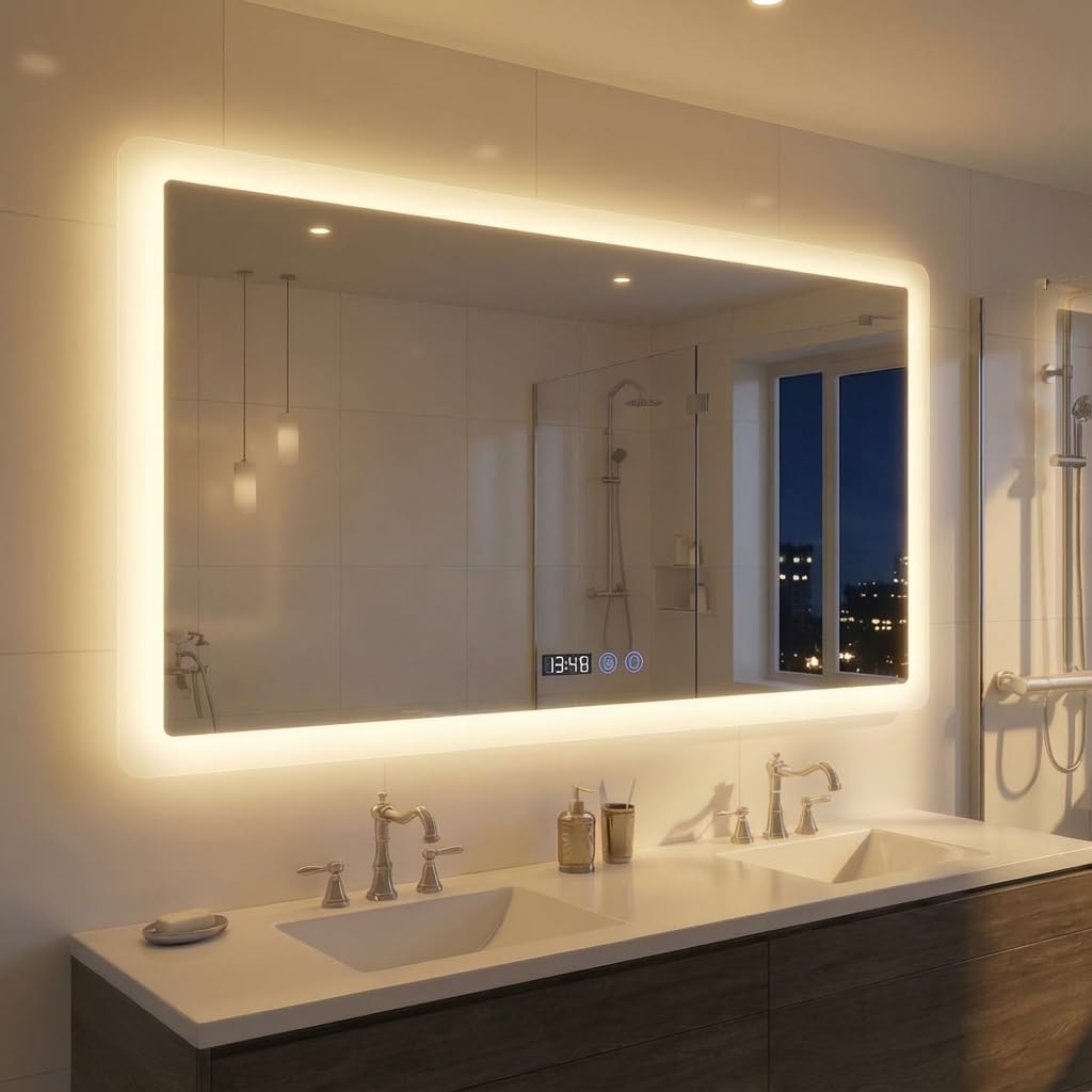 YOURLITE Badspiegel mit Beleuchtung 100x60 cm,LED Badezimmerspiegel mit Uhr | Spiegel Bad Wandspiegel mit Touch-Schalter,Antibeschlag,3 Lichtfarben Dimmbar,Memory-Funktion,IP44,für Badezimmer,Horizontal