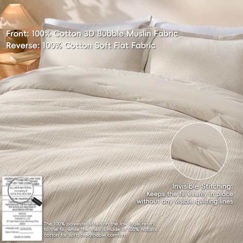 Image of David's Home Cotton Muslin Comforter Set Queen Size, 100% Cotton Cover Ultra-Soft Breathable Lightweight Skin-Friendly for Spring Summer, 3PCS Linen Like Gauze Bedding with Polyester Filling, Natural