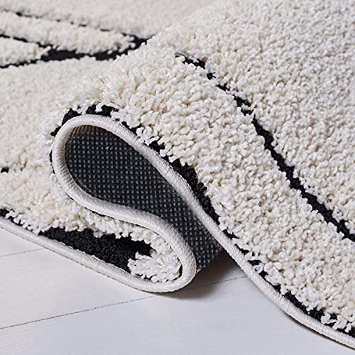 Image of Geometric Wave Shaggy Rectangular Carpet For Living Room,Bedroom,High Low Design Finish Microfiber 1.8 Inch Pile High,3X5 Feet Ivory|Black Color