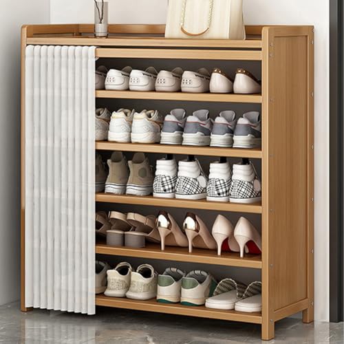 Beige six-tier shoe rack with fabric curtain cover — the light curtained frame that a renter can move solo