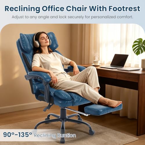 Image of Reclining Ergonomic Office Chair with Footrest, Blue