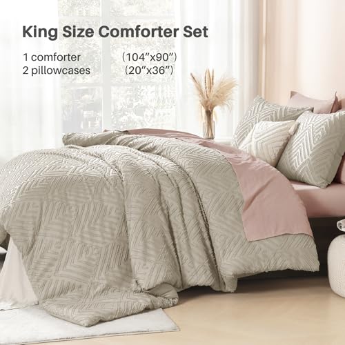 Image of Litanika Comforter King Size Set Oatmeal, 3 Pieces Boho Tufted Farmhouse Bedding Comforter Sets, Lightweight Fluffy Comforter Bed Set for All Season (104x90In Comforter and 2 Pillowcases)