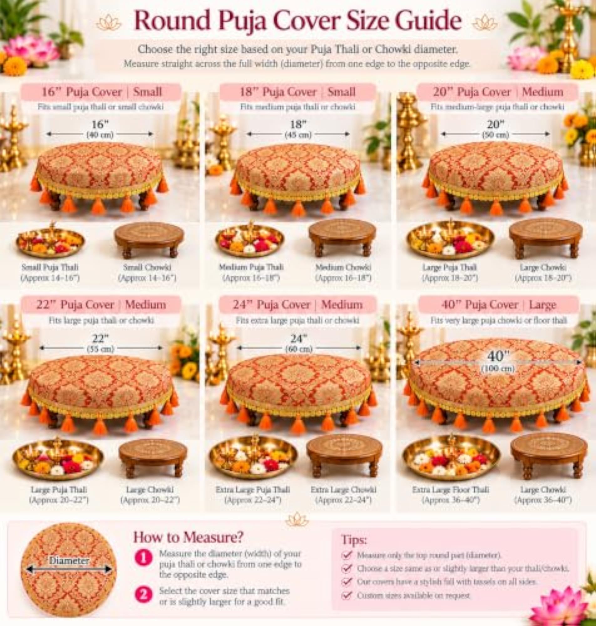 Orange Brocade Silk Round Thali & Chowki Cover with Gold Lace
