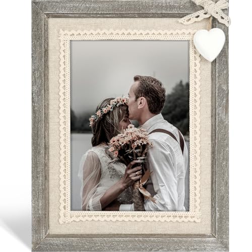Sapowerntus 5x7 Picture Frames Rustic Wood Farmhouse Cute Heart Love Solid Wooden Family Photo Frame Lace Bow Glass Boho Wall Decor Hanging Tabletop Kids Mom Mother Wedding Gift