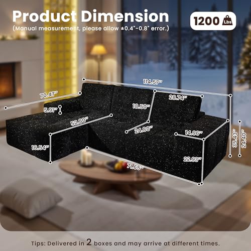 Image of 114 inch Glitter Cloud Sectional Couch with L-Shape Chaise, Modern Boneless Couches for Living Room, Fluffy Tufted Deep Seat Modular Sofa in a Box No Assembly