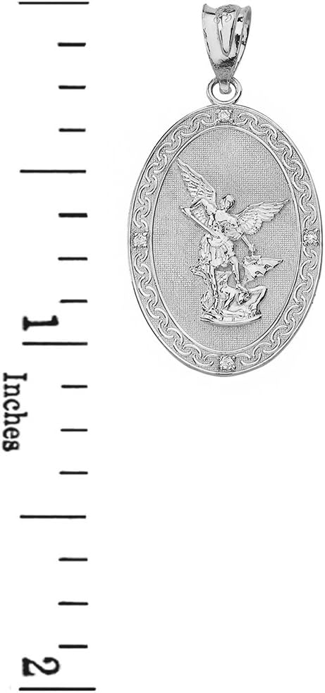 14k White Gold Saint Michael The Archangel Diamond Oval Medallion Pendant (1.19") - Image 2