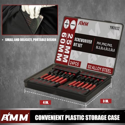 AMM 24-Piece Magnetic Screwdriver Bit Set, Slotted and Phillips Drill Screwdriver Bit Set, S2 Alloy Steel, 1\" and 2.3\" Long Impact Bits with Storage Box