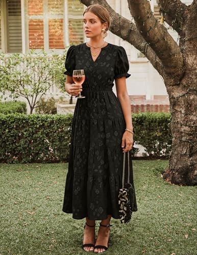 Image of ZESICA Womens Summer Floral Flowy Midi Dress 2026 Puff Short Sleeve V Neck Ruffle Tiered Beach Vacation Party Dresses