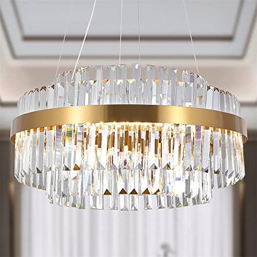 AOOCHOK Modern Crystal Chandelier Gold Pendant Lights, LED Ceiling Light Round, Dimmable Crystal Hanging Lamp for Living Room, Dining Room, Bedroom, Restaurant, 60 cm