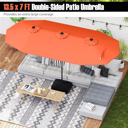 Image of Tangkula 13FT Double-sided Patio Umbrella, Extra Large Twin Table Umbrella with Crank Handle, Umbrella Base, Safety Lock, Air Vent, Outdoor Market Umbrella for Garden Pool Backyard (Orange)