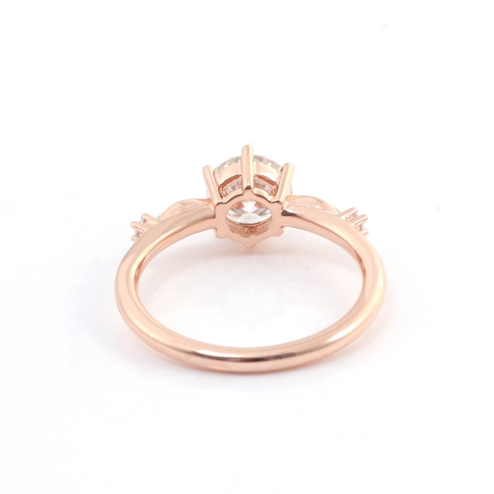 Wycian Anello di fidanzamento moissanite 9 K foglia oro rosa con 6 artigli. Moissanite rotonda misura 45 (14,3) elegante per lesbiche incisione natale