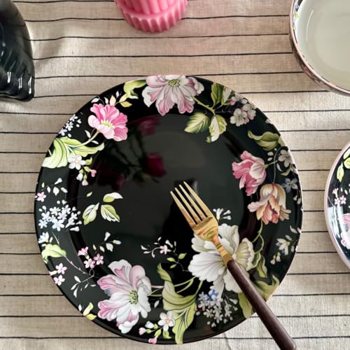 Image of GOLDEN QUEEN'S Handcrafted Dinner Plates: Set of 2 | Perfect for Hosting and Daily Meals | Microwave Safe Plates | 10.5 inch | Serves 2 (Garden Splendor in Black Dinner Plates)