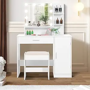 USIKEY Vanity Table Set with 10 Light Bulbs, Makeup Table with 1 Large Drawer & 1 Storage Cabinet, Dressing Vanity Table, Dresser Desk with Cushioned Stool for Bedroom, Bathroom, White