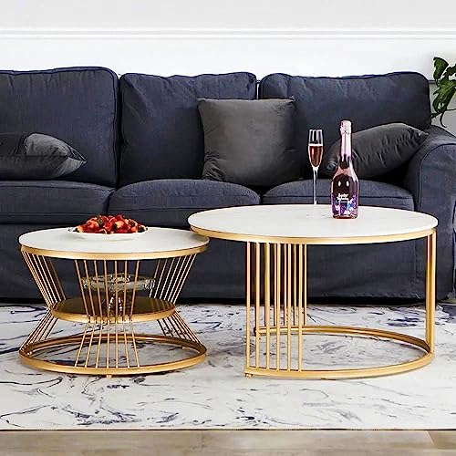 Image of Modern Nested Coffee Table Set of 2 | Round Marble Finish Tabletop with Metal Base | Luxury Center Table for Living Room, Lounge & Office