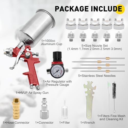 Image of HVLP Gravity Feed Air Paint Spray Gun Kit | Automotive paint spraying set, multiple size nozzle options, includes 1000cc aluminum cup air regulator, gravity feed design