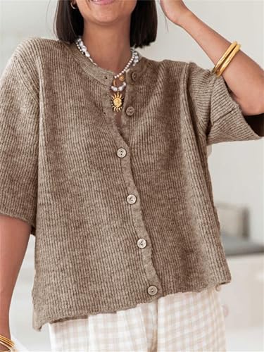 Women Y2K Short Sleeve Cardigan Solid Color Button Down Spring Summer Crew Neck Casual Open Front Ribbed Top3