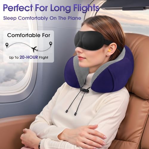 Image of CloudBliss Travel Pillow for Airplane, Memory Foam Neck Pillow for Traveling, Flight Pillow with Eye Mask, Earplugs, Storage Bag, Compact Neck Pillow for Long Flight Travel, Travel Essentials, Navy