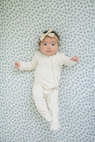 Image of Blue Blossom Muslin Crib Sheet by Mebie Baby, Soft and Breathable Bed Sheets for Babies, Modern Neutral Bedding for Cribs, Standard Crib Mattress Fitted Sheet, Great for Boy or Girl Room