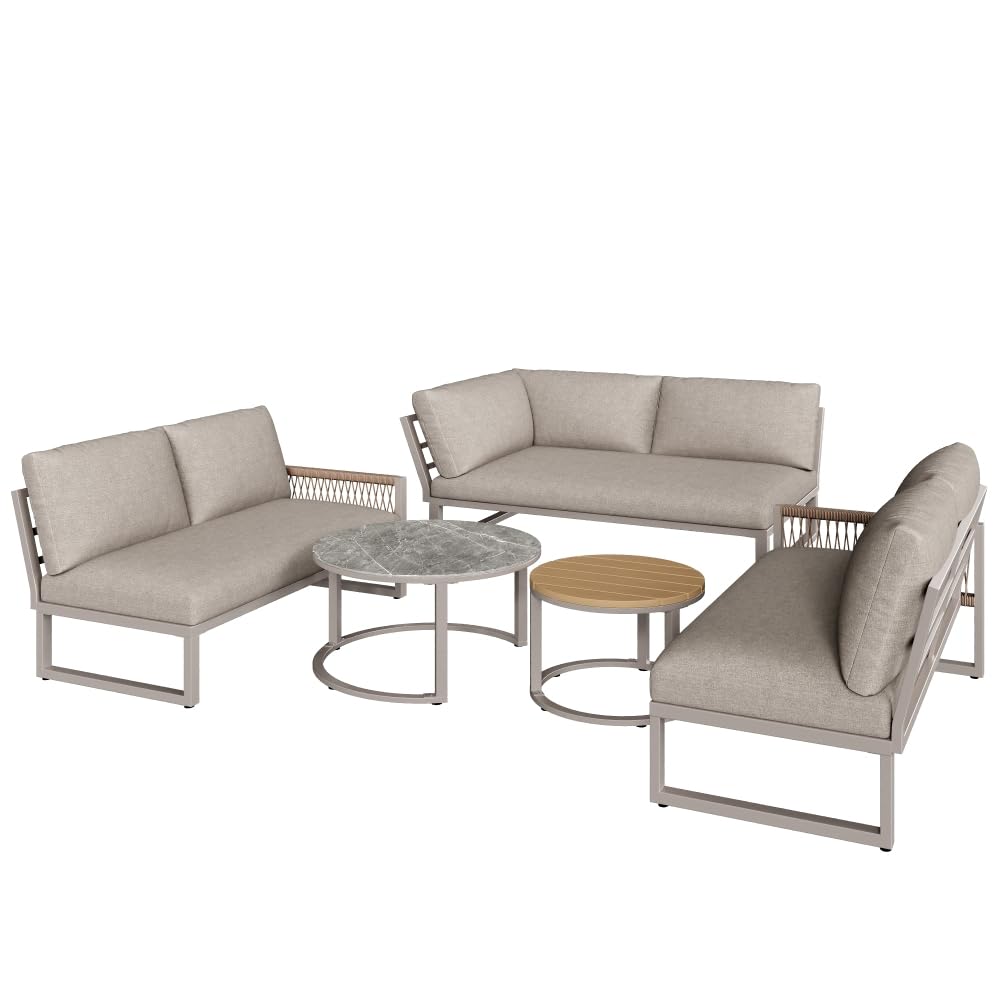 Gartenmöbel Lounge Set, Lounge Möbel Outdoor für 6-7 Personen, Ecksofa mit Verzinktem Eisengestell, Verstellbare Beine, Inklusive Aller Sitz- und Rückenkissen - Beige